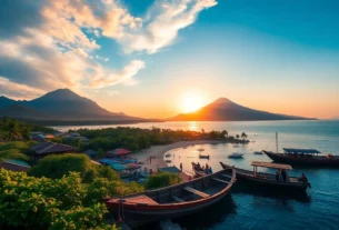 Stunning panoramic view of Lombok's beaches and Mount Rinjani, showcasing natural beauty and vibrant culture.