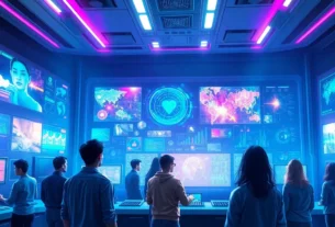 Futuristic AI control room with holographic screens and diverse users interacting with virtual interfaces.
