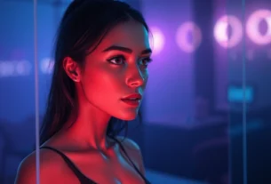 Futuristic digital scene of an AI chat interface with a charismatic AI character and vibrant neon lighting.