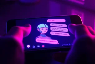 Close-up of a futuristic AI chat interface on a device screen with a seductive character and neon lighting.