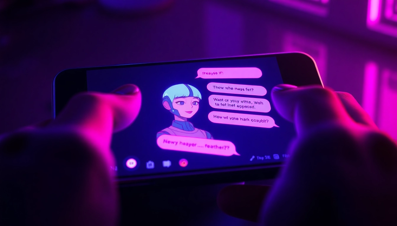 Close-up of a futuristic AI chat interface on a device screen with a seductive character and neon lighting.