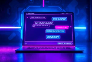 An abstract digital illustration of a neon-lit AI chat interface with suggestive content, set in a cyberpunk-inspired environment.