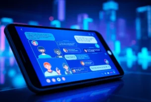 A modern device displaying a vibrant AI chatbot interface with customizable characters in a high-tech digital environment.