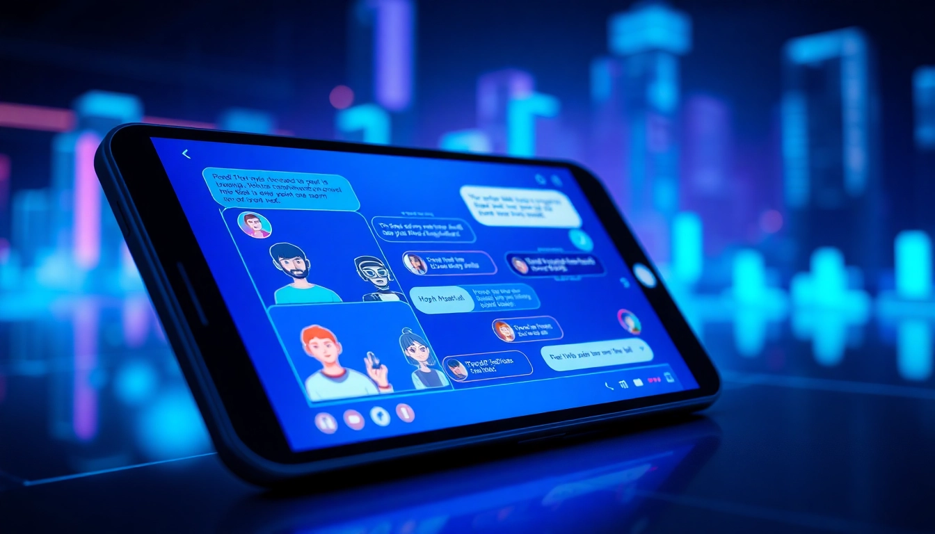 A modern device displaying a vibrant AI chatbot interface with customizable characters in a high-tech digital environment.