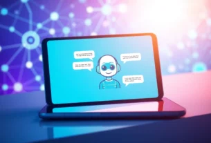 A futuristic AI chatbot interface on a modern device screen with colorful network background and expressive AI character