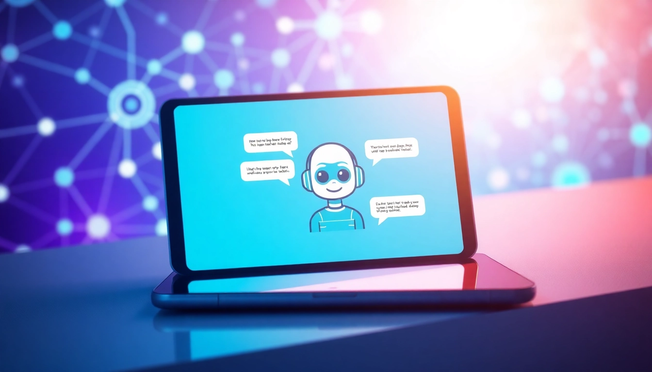 A futuristic AI chatbot interface on a modern device screen with colorful network background and expressive AI character