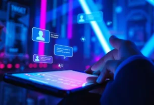 A user engaging with a customizable AI character on a sleek digital device, set in a vibrant, high-tech environment.