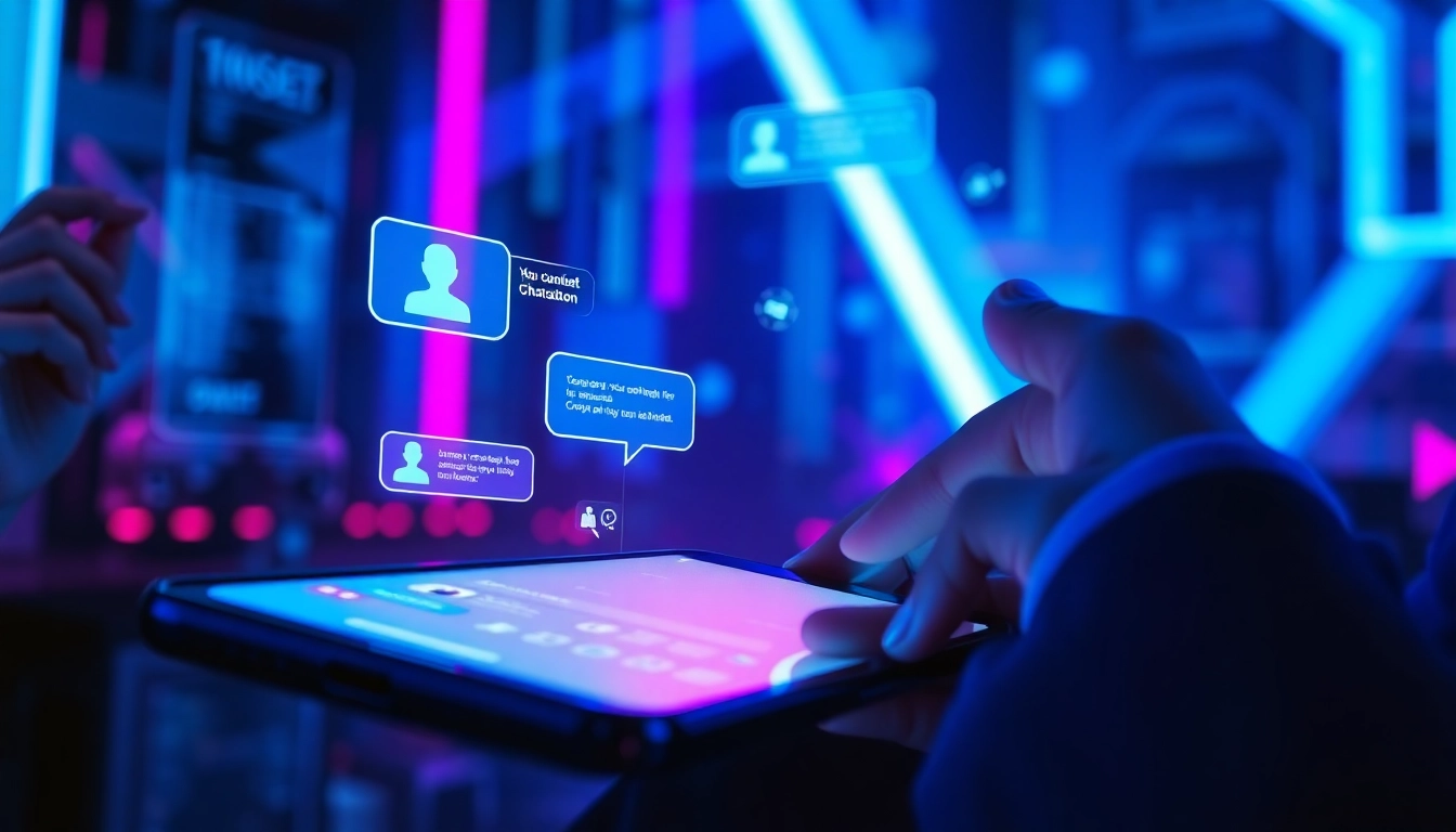 A user engaging with a customizable AI character on a sleek digital device, set in a vibrant, high-tech environment.