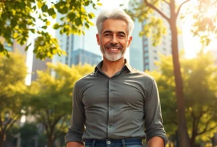 An attractive older man standing confidently in a park with city buildings in the background.