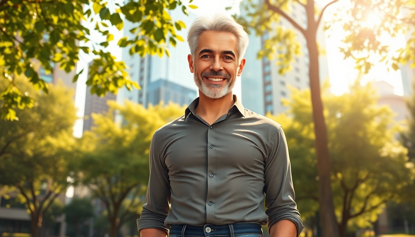 An attractive older man standing confidently in a park with city buildings in the background.
