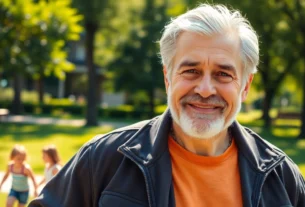 An attractive mature man outdoors in a park, looking confident and relaxed.