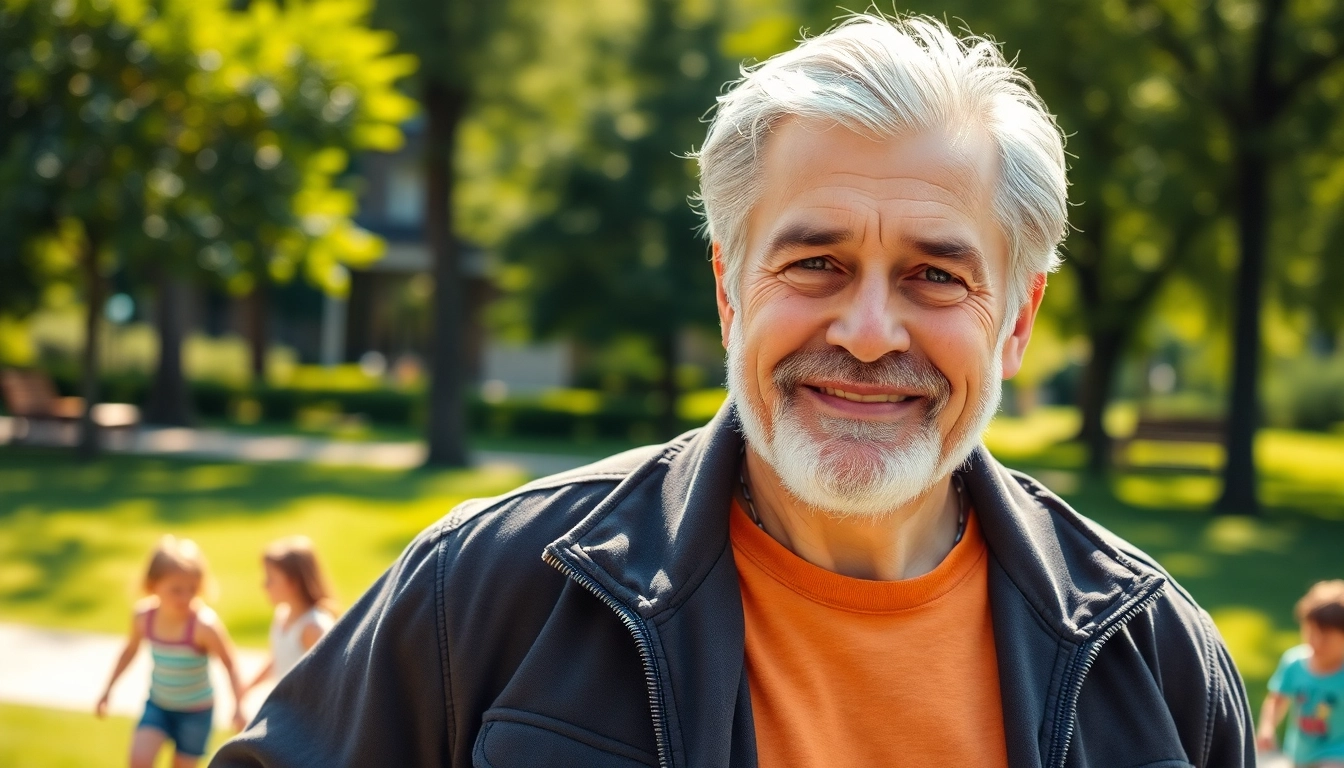 An attractive mature man outdoors in a park, looking confident and relaxed.