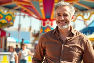 An attractive older man confidently smiling at a lively amusement park, surrounded by colorful rides and family fun.