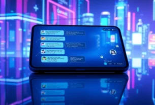 Futuristic digital chat interface with neon-lit cityscape background, representing AI conversation platform.