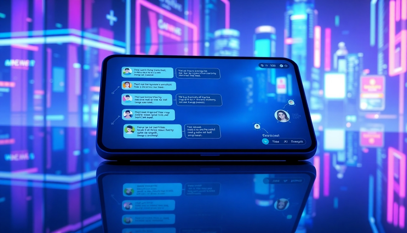 Futuristic digital chat interface with neon-lit cityscape background, representing AI conversation platform.