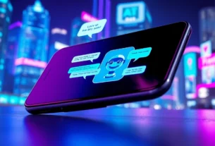Futuristic smartphone displaying an animated AI chatbot interface against a neon cityscape at night.