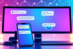 A digital illustration of multi-device AI chat interface with vibrant colors and futuristic design elements.
