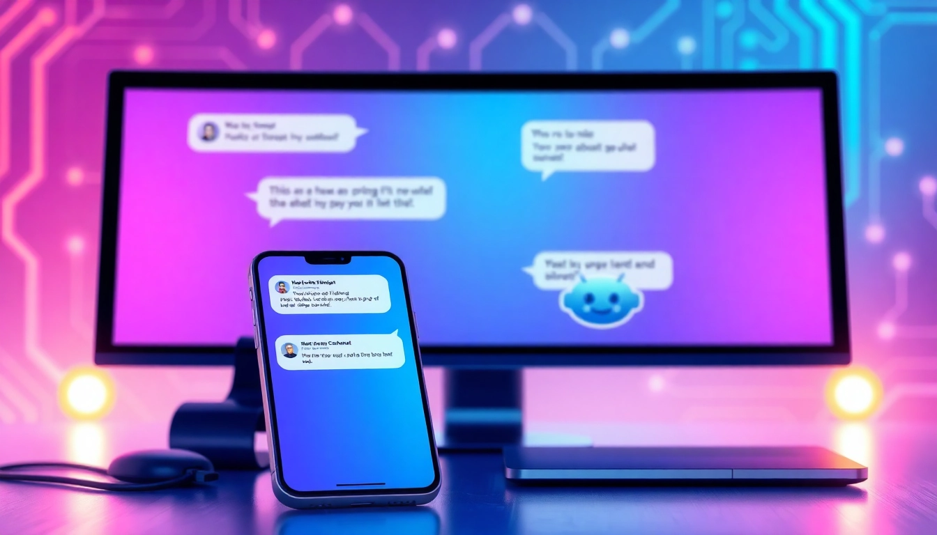 A digital illustration of multi-device AI chat interface with vibrant colors and futuristic design elements.