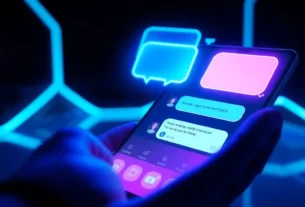 An illustration of a futuristic device screen showing a vibrant AI chat interface with glowing speech bubbles in a neon-lit environment.