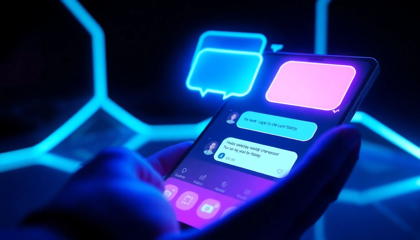 An illustration of a futuristic device screen showing a vibrant AI chat interface with glowing speech bubbles in a neon-lit environment.