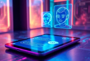 Futuristic digital chat interface with holographic AI characters on a sleek tablet screen in a high-tech environment.