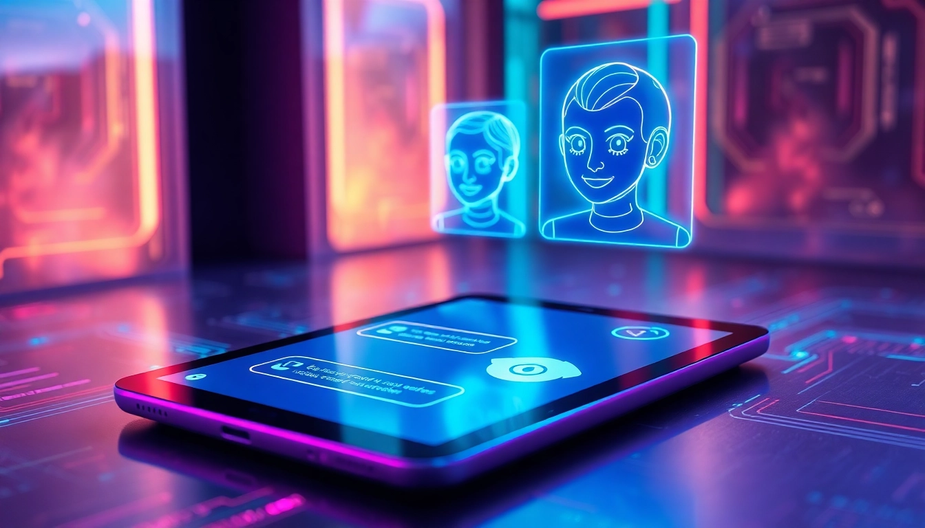 Futuristic digital chat interface with holographic AI characters on a sleek tablet screen in a high-tech environment.