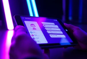 Close-up of a futuristic digital chat interface with neon accents and an AI character avatar on a sleek device screen.