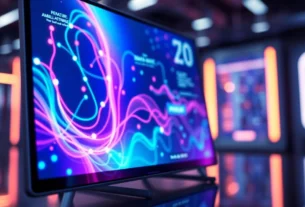 An advanced AI chatbot interface with colorful data streams on a sleek screen in a high-tech environment.