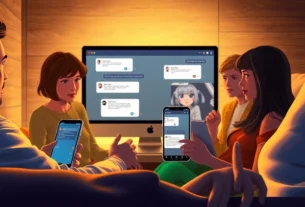 People using devices in a cozy, modern room, engaging in conversations on chat interfaces.