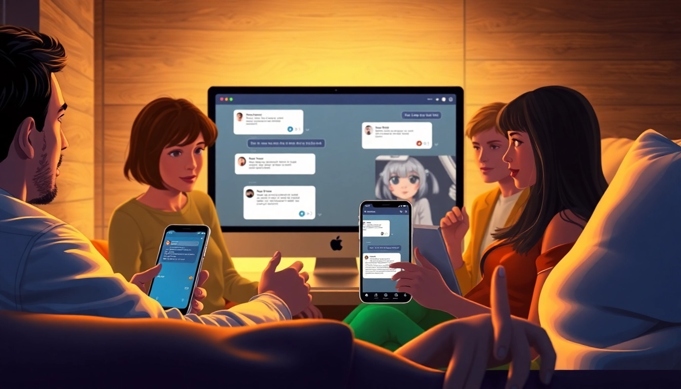 People using devices in a cozy, modern room, engaging in conversations on chat interfaces.