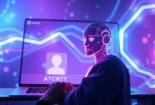 Futuristic AI chatbot interface with holographic elements and user interaction