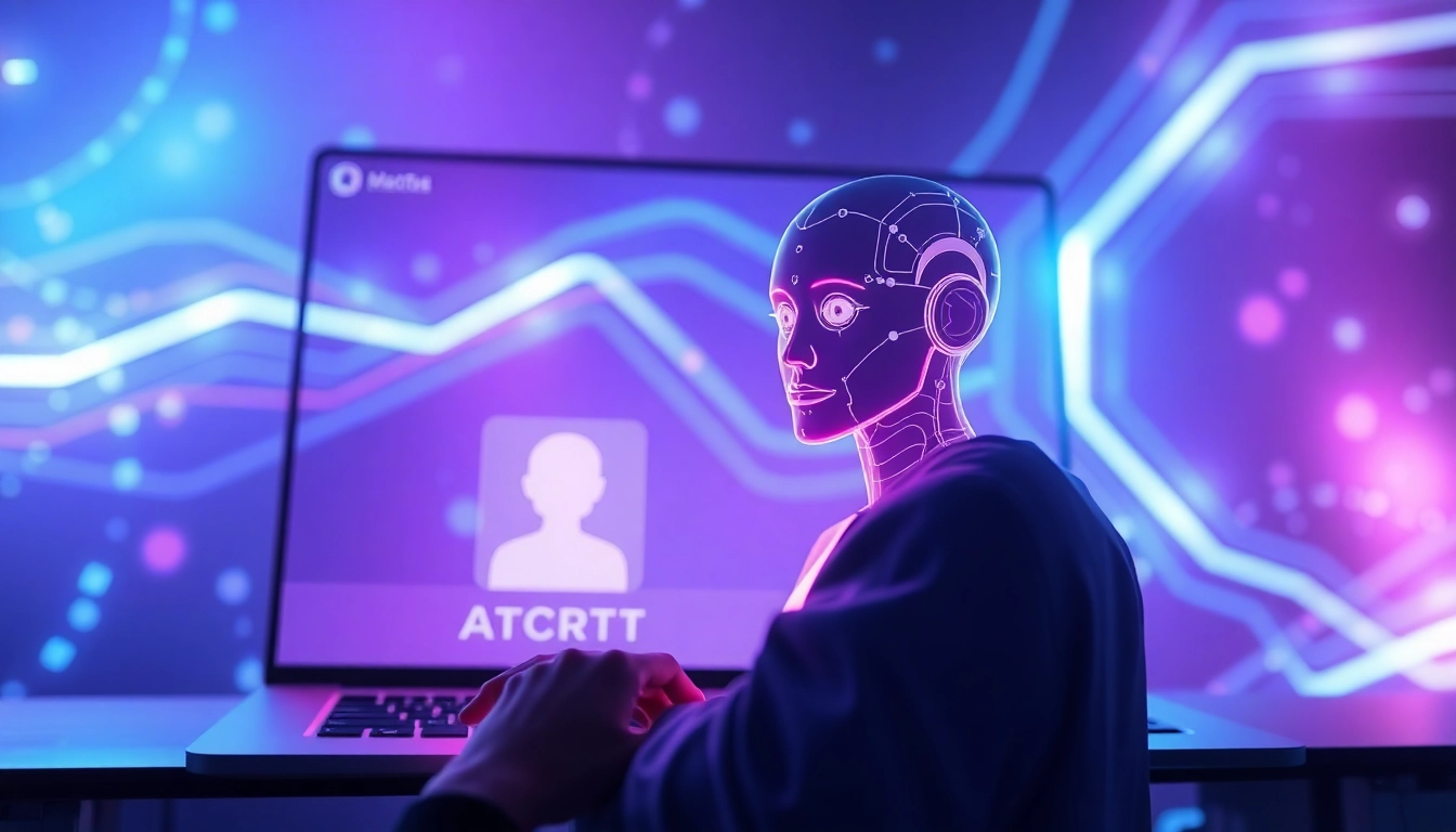 Futuristic AI chatbot interface with holographic elements and user interaction