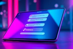 Futuristic chat interface on a sleek tablet with neon colors and suggestive icons, emphasizing adult AI conversations.