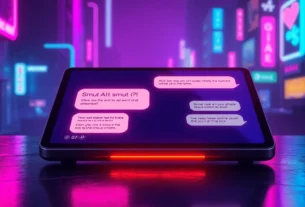 An illustration of a futuristic chat device displaying a conversation about smut AI, set against a neon-lit cyberpunk cityscape.