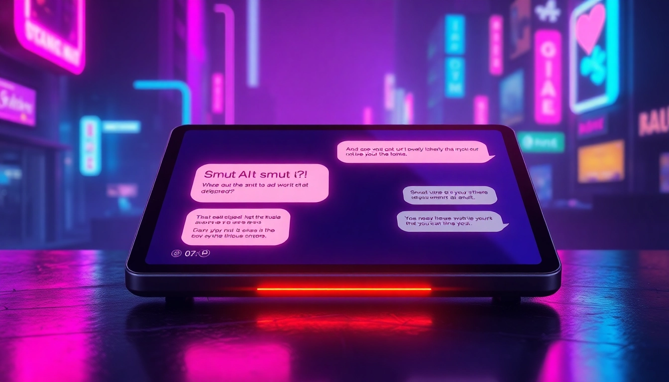 An illustration of a futuristic chat device displaying a conversation about smut AI, set against a neon-lit cyberpunk cityscape.