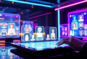 Futuristic digital platform displaying customizable AI characters with vibrant holographic interfaces.