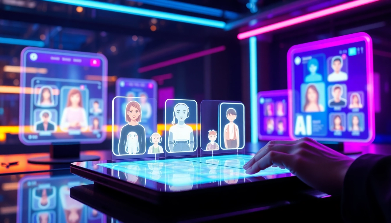 Futuristic digital platform displaying customizable AI characters with vibrant holographic interfaces.