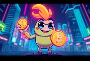 Pepe Coin Meme featuring a lively cartoon Pepe holding a glowing crypto coin for digital