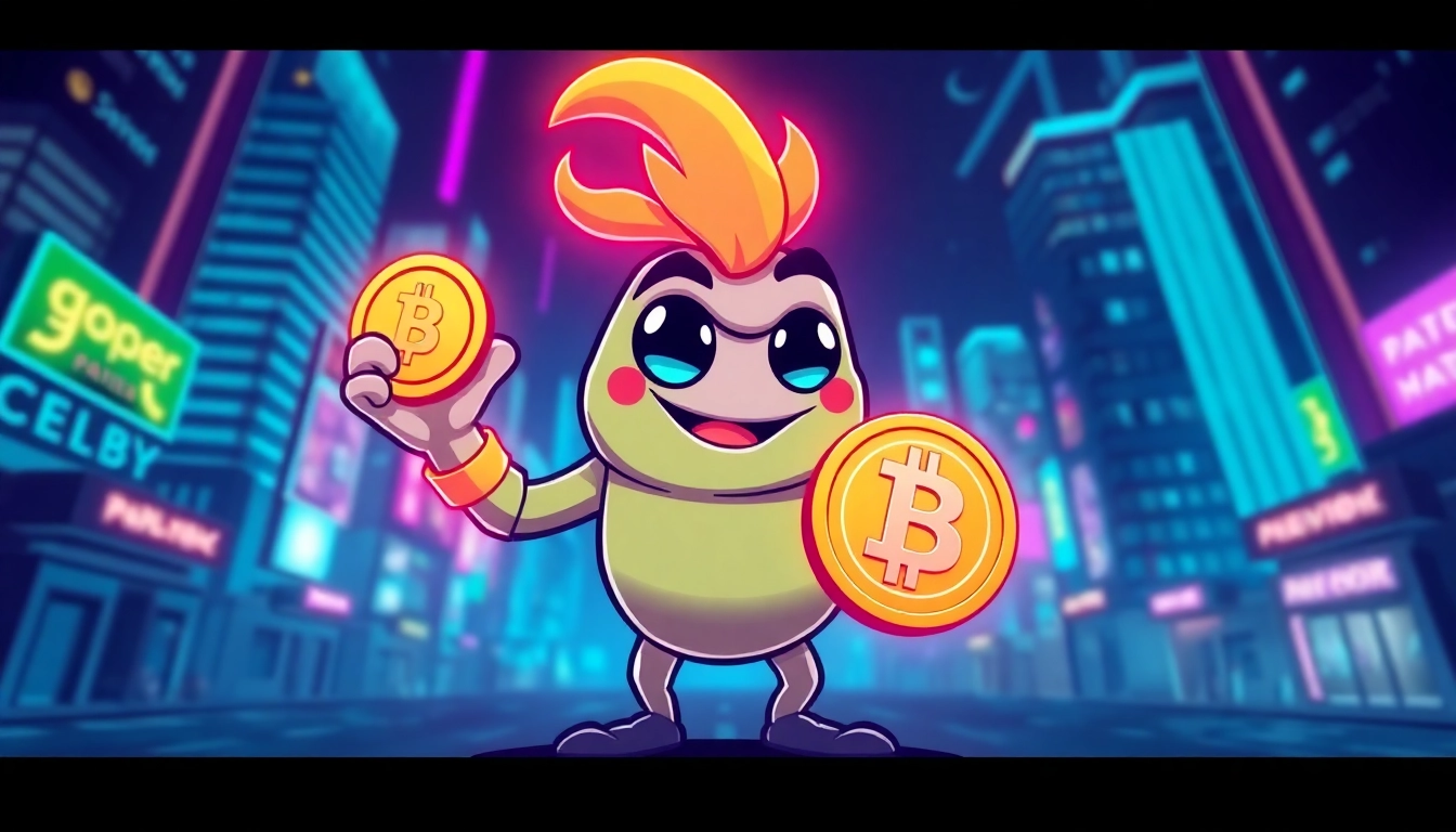 Pepe Coin Meme featuring a lively cartoon Pepe holding a glowing crypto coin for digital