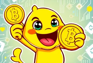 Pepe Coin Meme featuring a playful Pepe character with meme coins and blockchain graphics