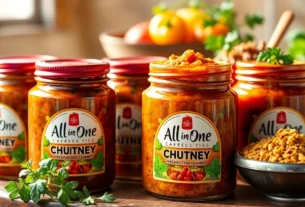 Vivid image showcasing All In One Chutney jars with fresh herbs and spices, emphasizing rich