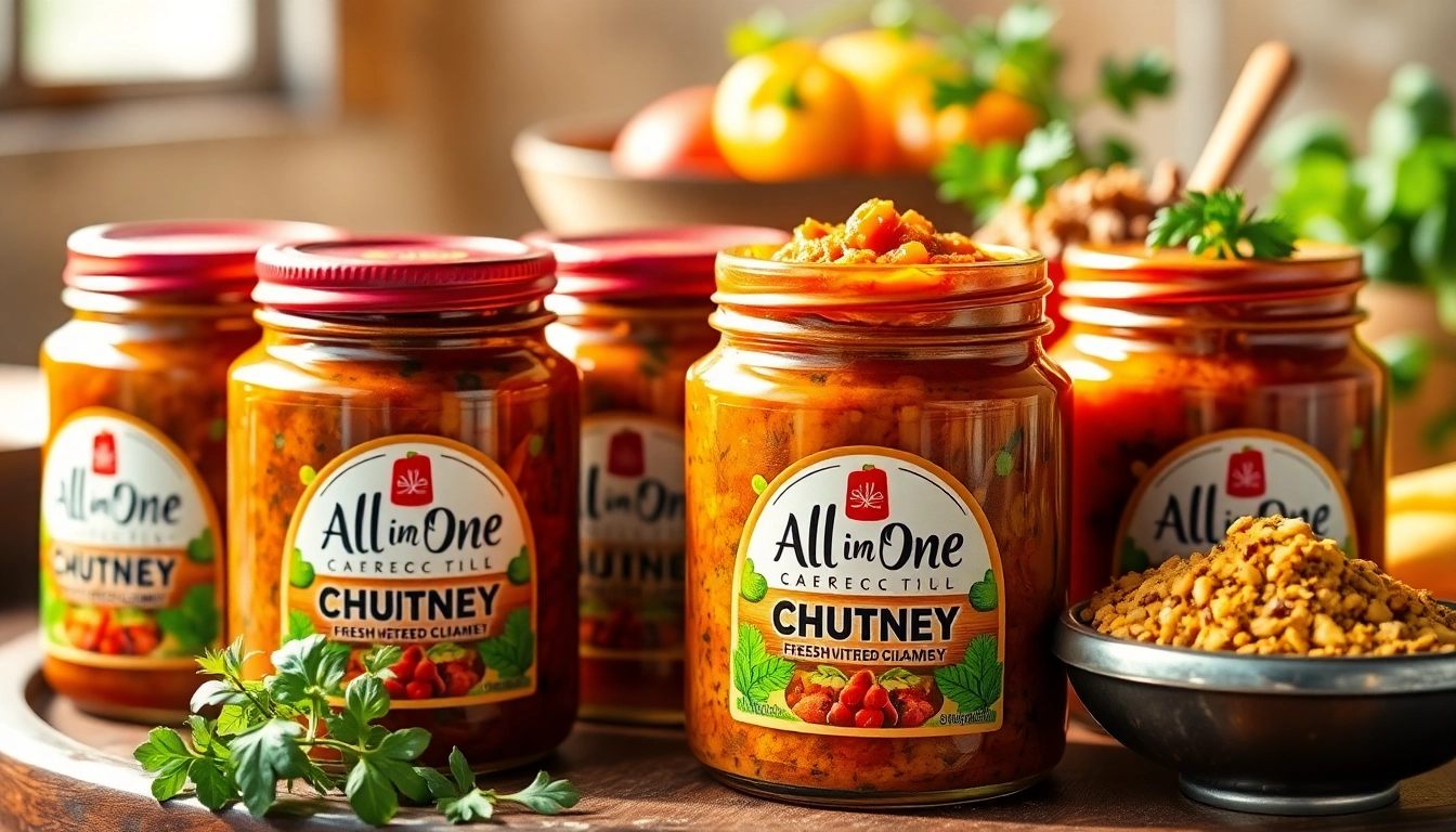 Vivid image showcasing All In One Chutney jars with fresh herbs and spices, emphasizing rich